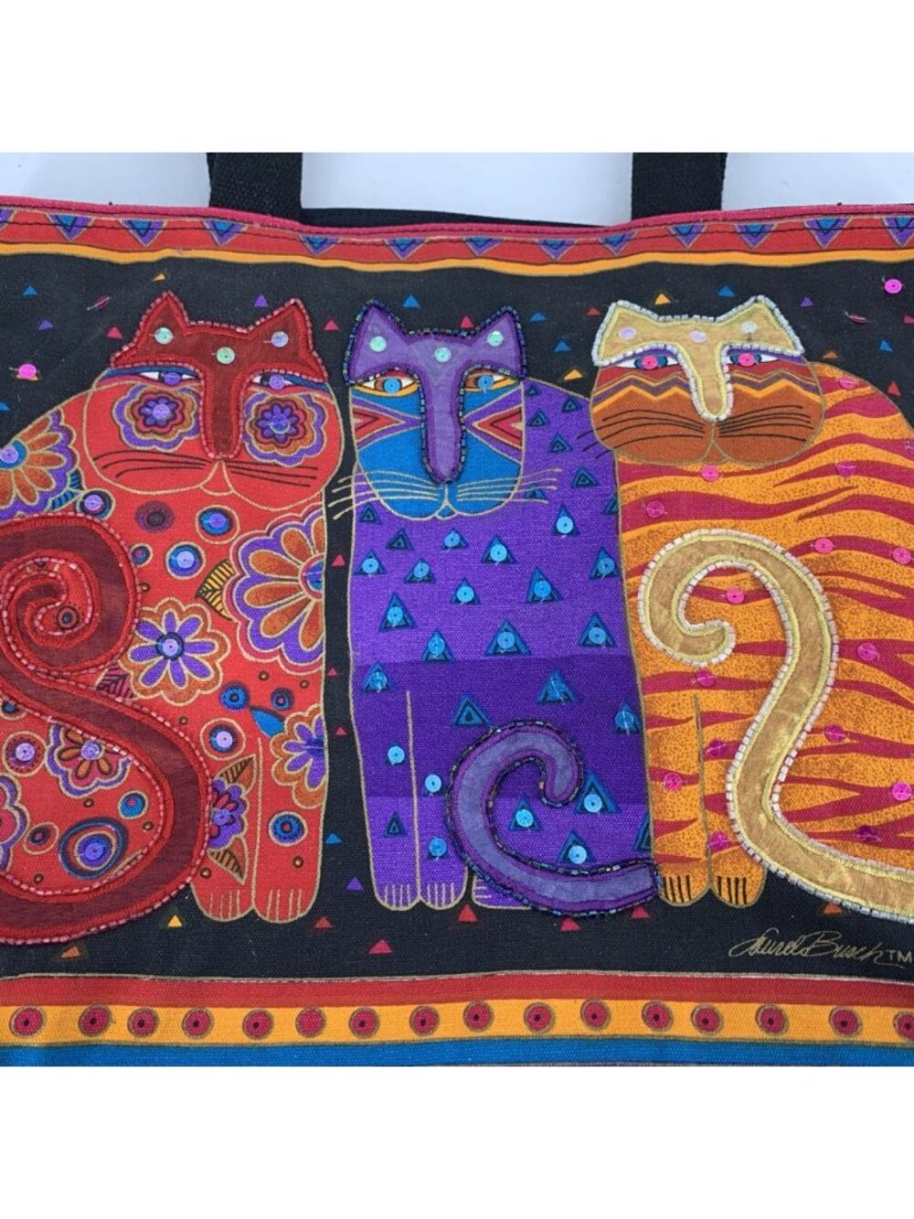 Laurel Burch Three Feline Friends Extra Large Tote Cat Lady Artsy Handbag 14" - Picture 2 of 6